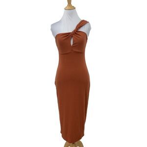 Lush One Shoulder Bodycon Dress Womens S Small Spice Twist Knot Midi Cutout